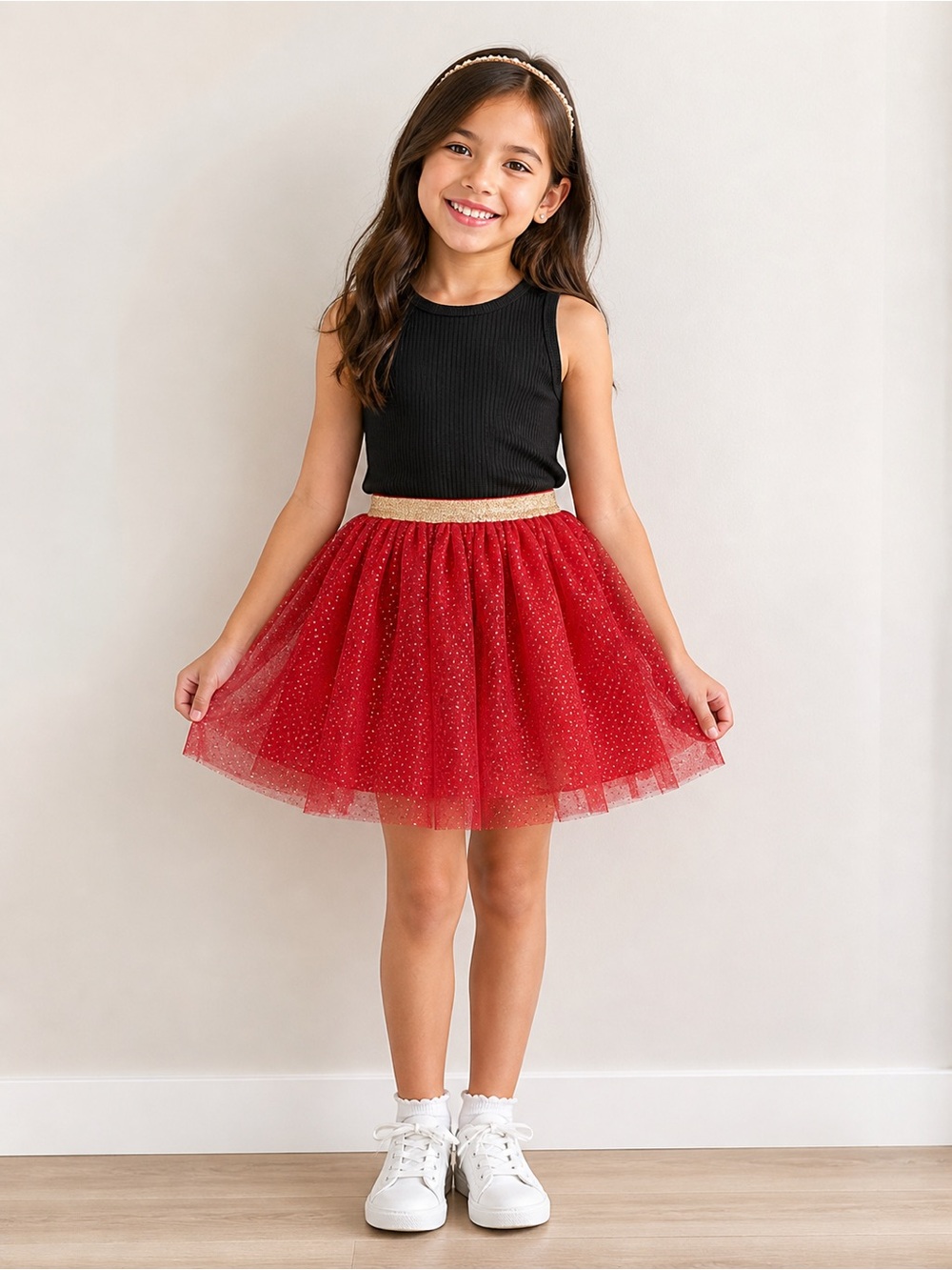 H&M Girls Red Tulle Skirt‎ 7-8Y Gold Glitter Elastic Waist Party